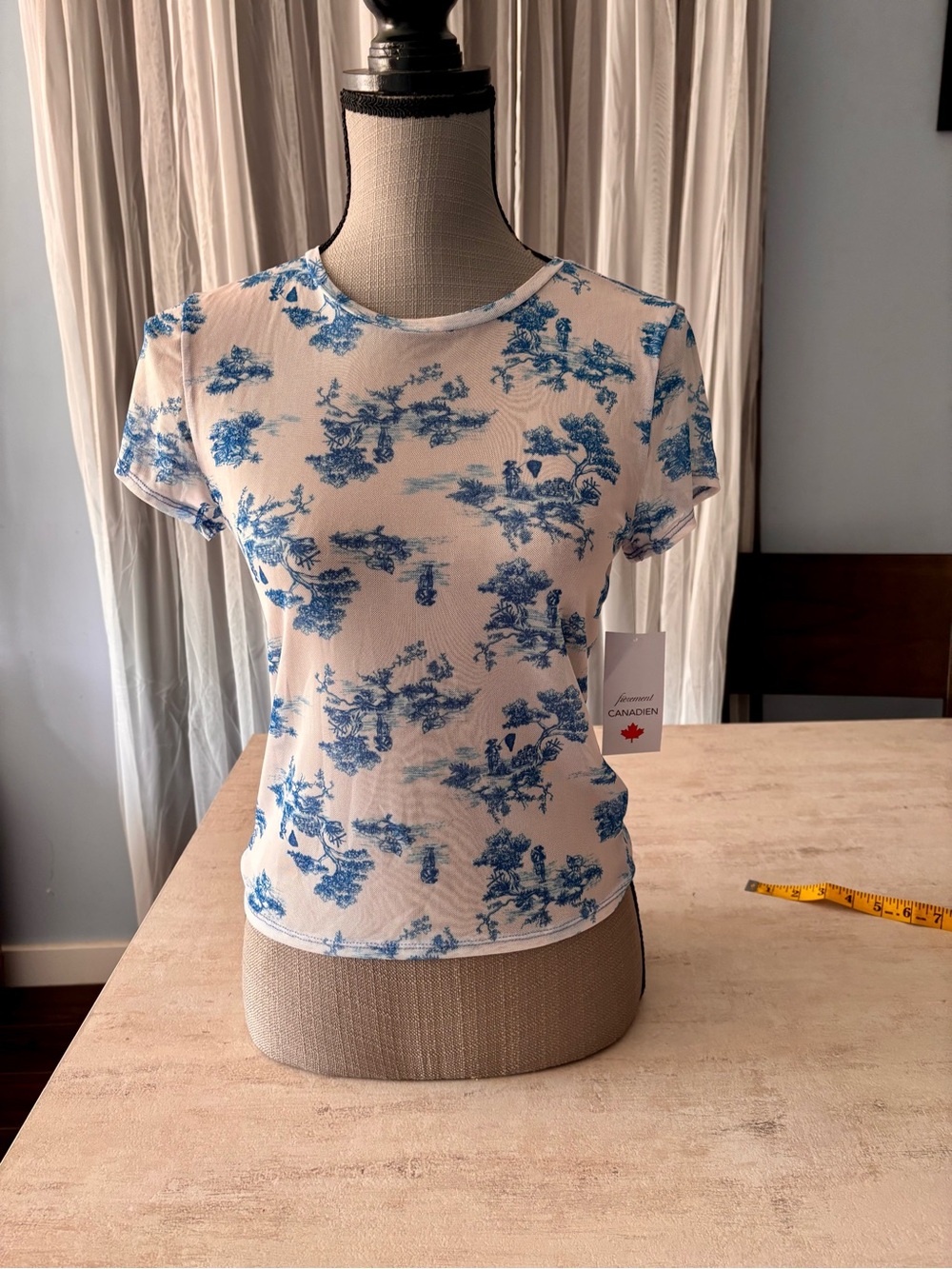 NWT ANTISTAR White Short Sleeve Tee with Blue Toile Print